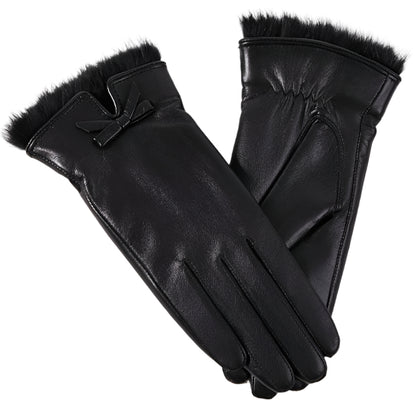 Elegant Genuine Leather Mittens for Women with Rabbit Fur Cuff - 100% Genuine Leather, Touchscreen Compatible, Windproof Thermal Gloves for Night Out - One Pair (1pc), Solid Color, Stripe Crafted, Non-Stretch, Dry Clean Only - Durage Collection