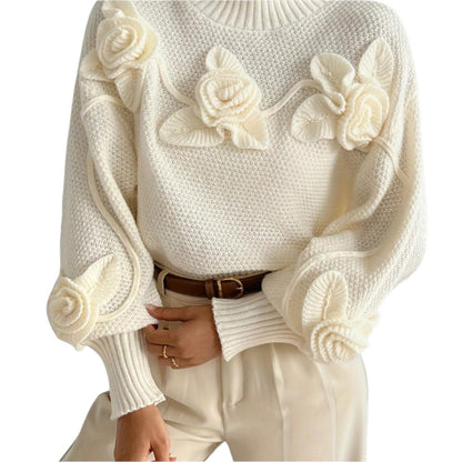 Appliqué Knit Floral Turtleneck Sweater - Durage Collection