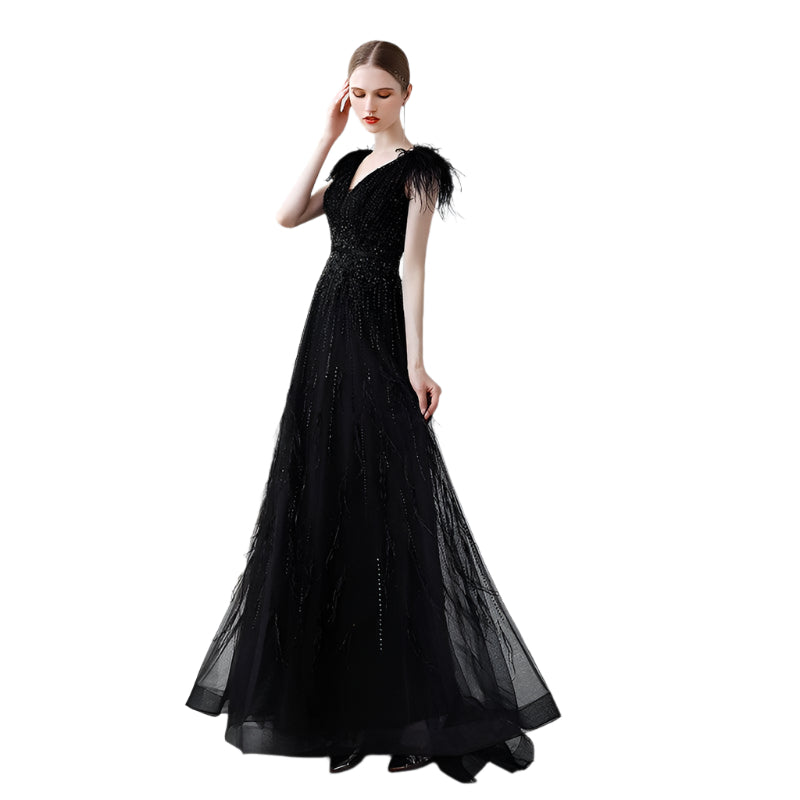 Black Double Shoulder Evening Dress Woman - Durage Collection