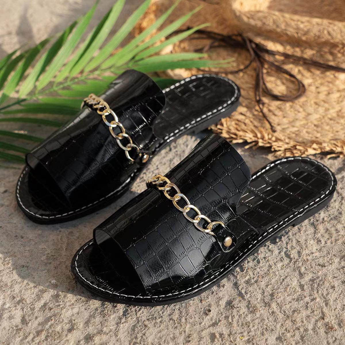 Pattern Chains Sandals Summer Fish Mouth Flat Slides Shoes Women Casual Vacation Beach Slippers - Durage Collection