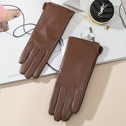 1pr Elegant Genuine Goat Leather Women'S Fleece-Lined Gloves - Solid Color Windproof Warm Fashion Touchscreen Compatible Driving Cycling Mittens, Stripe Craftsmanship, Non-Stretch Material - Durage Collection