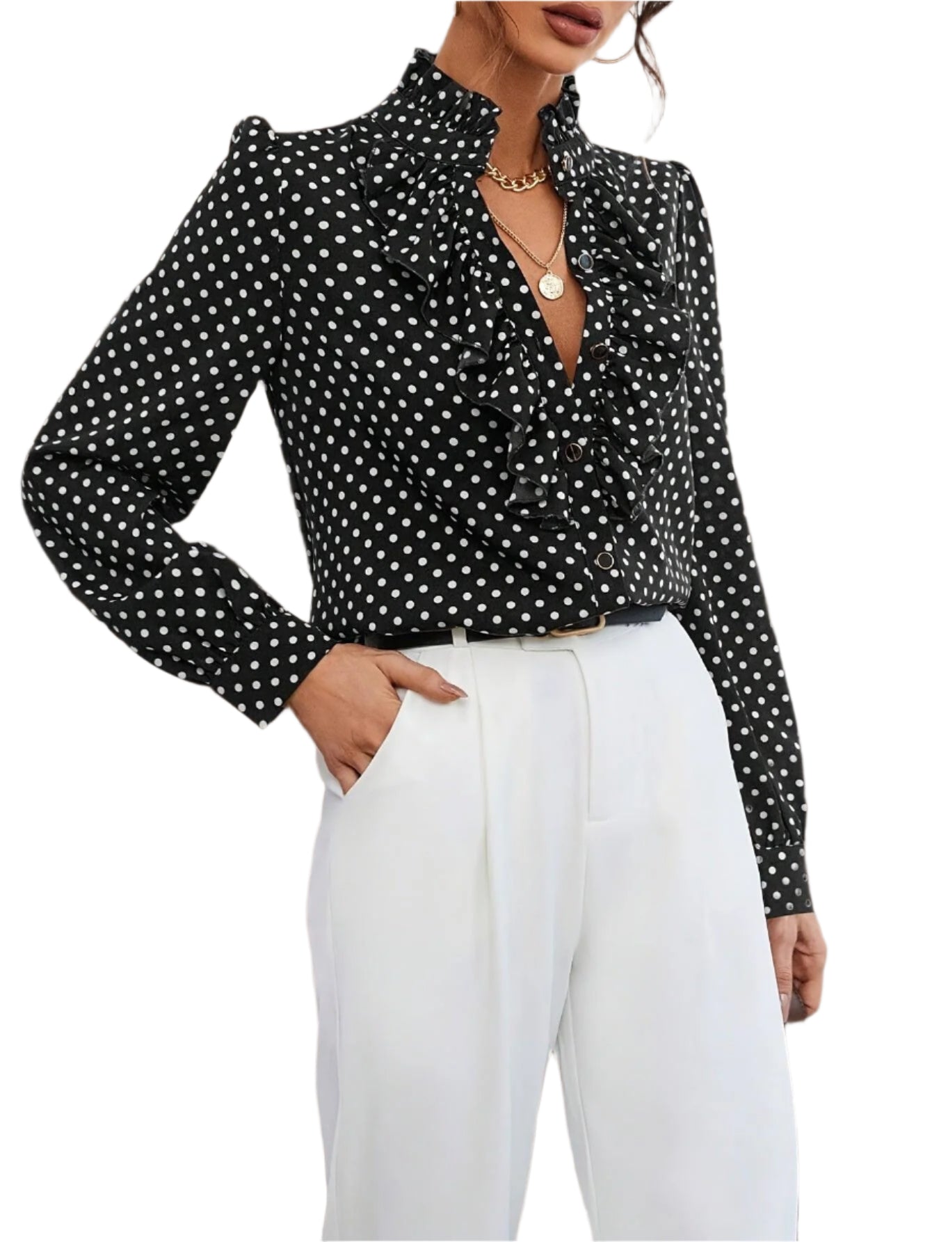 Elegant French Polka Dot Ruffle-Trim Blouse - Long Sleeve, Stand Collar, Polyester - Perfect for Evening Outings - Durage Collection