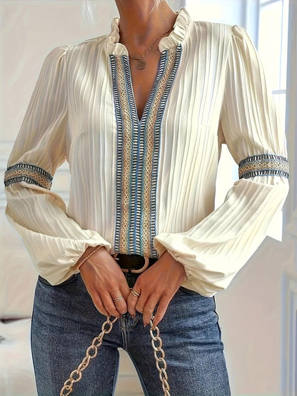 Elegant V-neck Textured Blouse with Contrast Trim, Lantern Sleeve Top for Spring & Fall, Women's Clothing - Durage Collection