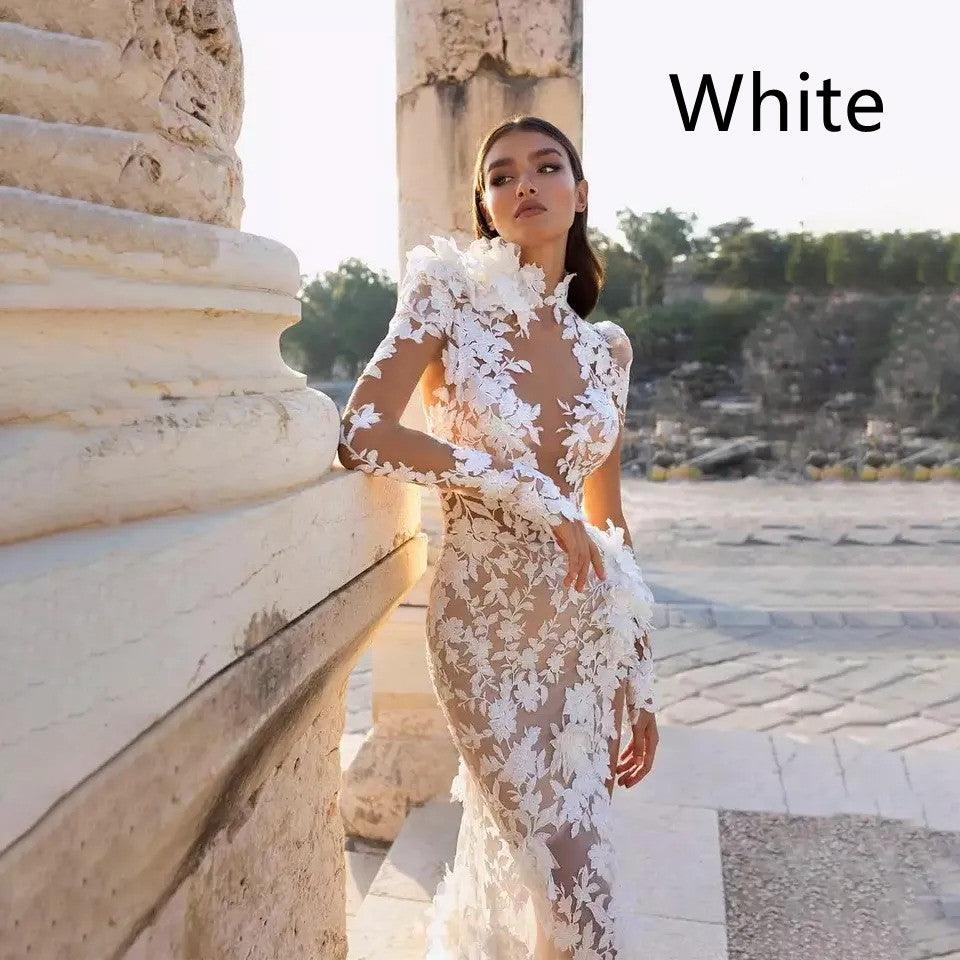 High Neck Lace Long Sleeve Floor Sweeping Boho Bridal Gown - Durage Collection