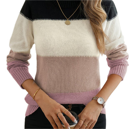 Elegant Thermal Color Block Crew Neck Sweater, Long Sleeve for Fall & Winter, Women's Clothing - Durage Collection