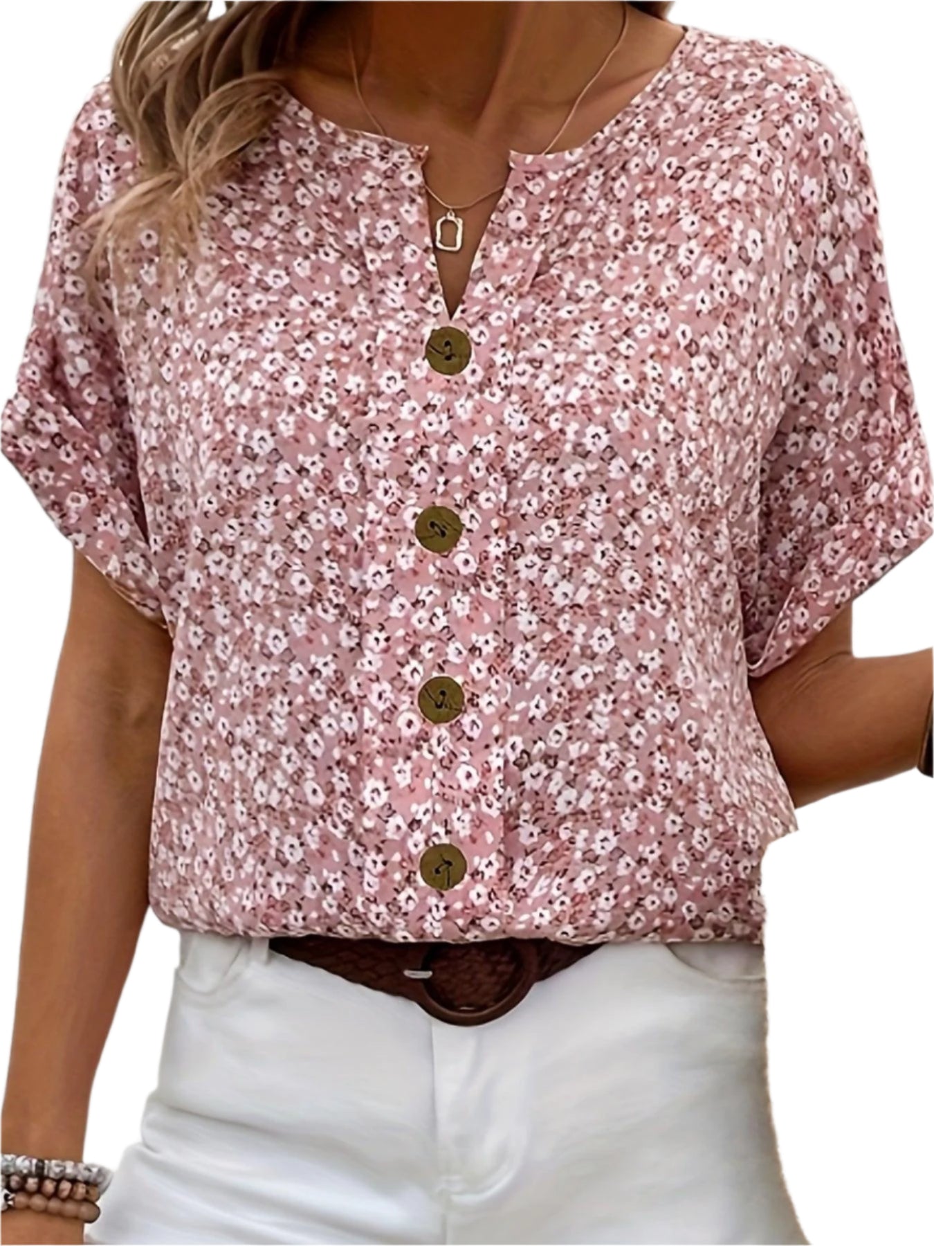 Polyester Blend Women's Elegant Floral Print V-Neck Short Sleeve Blouse - Notched Collar Shirt for Spring/Summer/Fall, Middle East Collection - Durage Collection