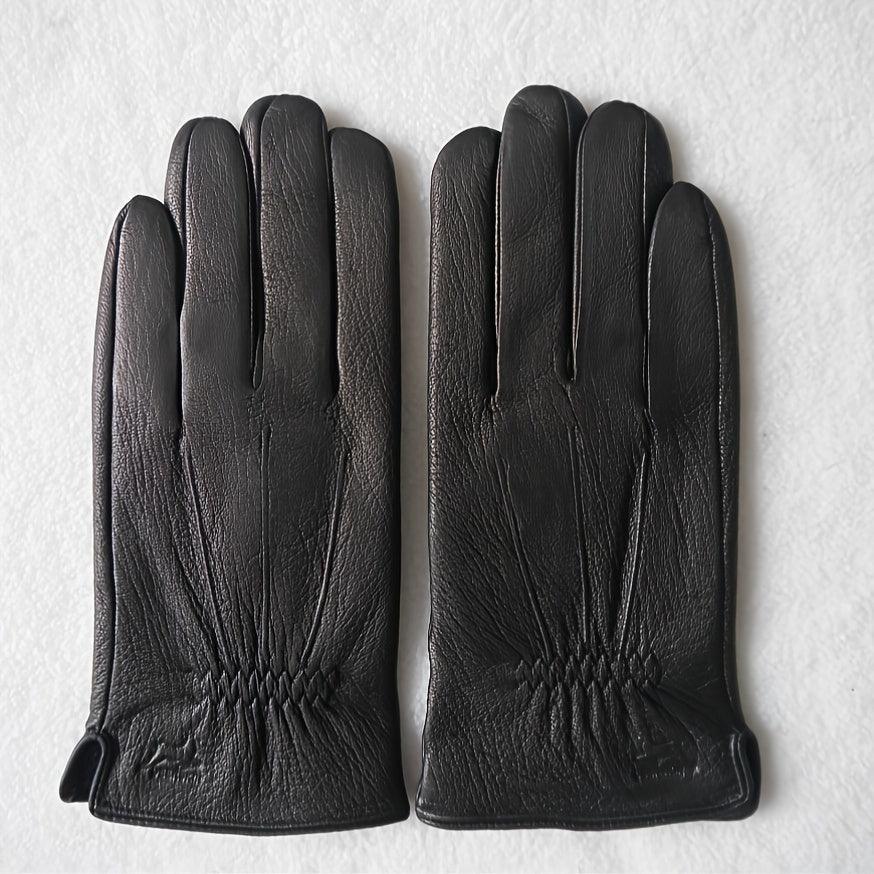 Men's Fashion Sheep Leather Gloves, High Quality Warm Lined Black Genuine Leather Gloves, Simple Business Design, Touch Screen Compatible, Non-Woven Material, Men's Winter Fingerless Gloves - Durage Collection