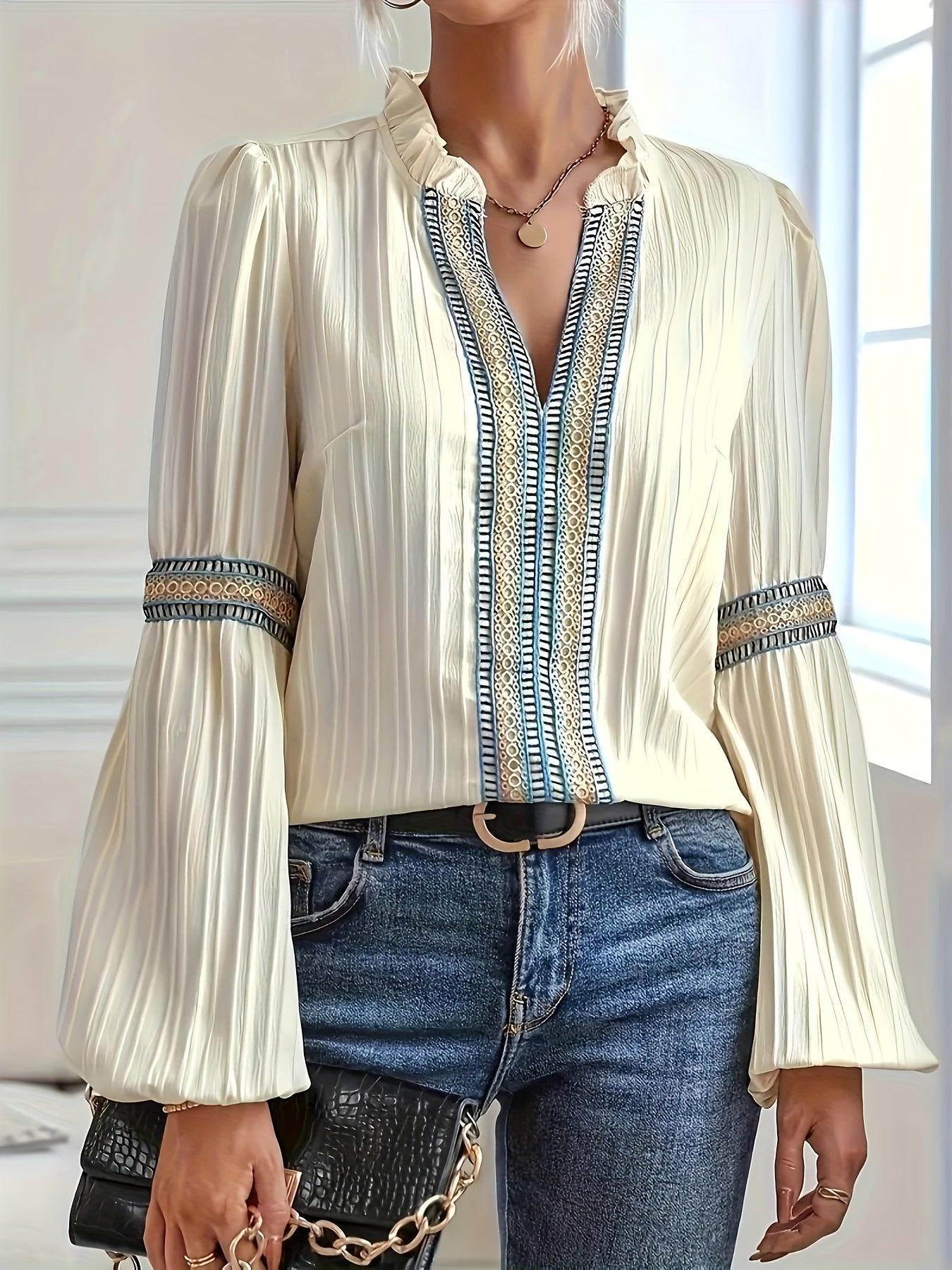 Elegant V-neck Textured Blouse with Contrast Trim, Lantern Sleeve Top for Spring & Fall, Women's Clothing - Durage Collection