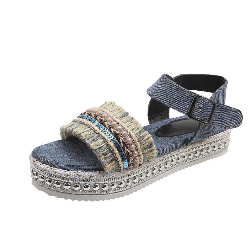 Fashion Tassel Denim Sandals With Thick-soled Flat Heel New Summer Hemp Rope Sole Ethnic Style Shoes For Women - Durage Collection