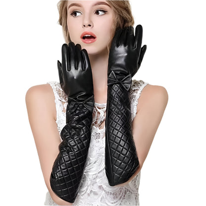 Elegant Black Sheepskin Long Gloves for Women - Velvet-Lined, Warm & Windproof, Perfect for Autumn/Winter Fashion and Outdoor Activities - Durage Collection