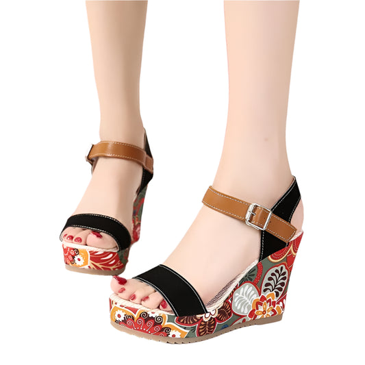 Fashion Flowers Embroidered High Wedge Sandals For Women Summer Toe Platform Buckle Shoes - Durage Collection