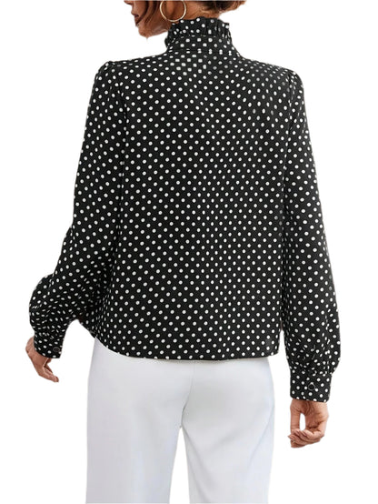 Elegant French Polka Dot Ruffle-Trim Blouse - Long Sleeve, Stand Collar, Polyester - Perfect for Evening Outings - Durage Collection