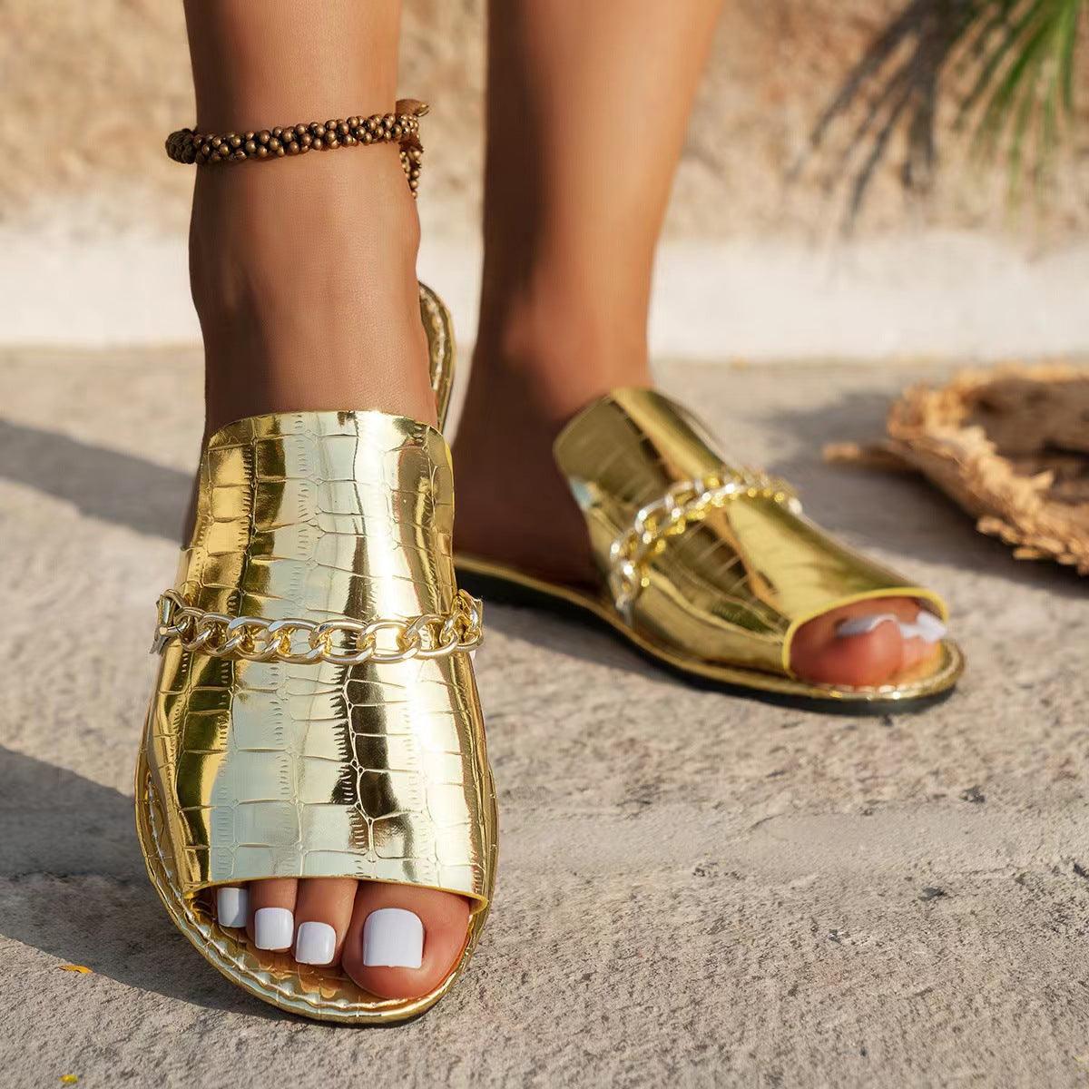 Pattern Chains Sandals Summer Fish Mouth Flat Slides Shoes Women Casual Vacation Beach Slippers - Durage Collection